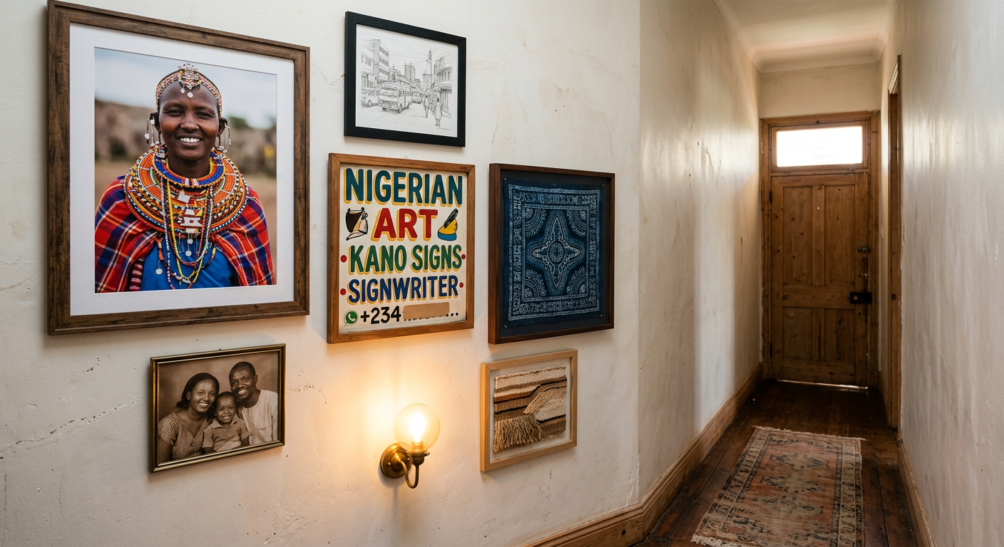 African inspired gallery wall in a Nairobi hallway with Maasai portrait print, batik textile frame, Nigerian sign art, sisal fiber art, and family photograph