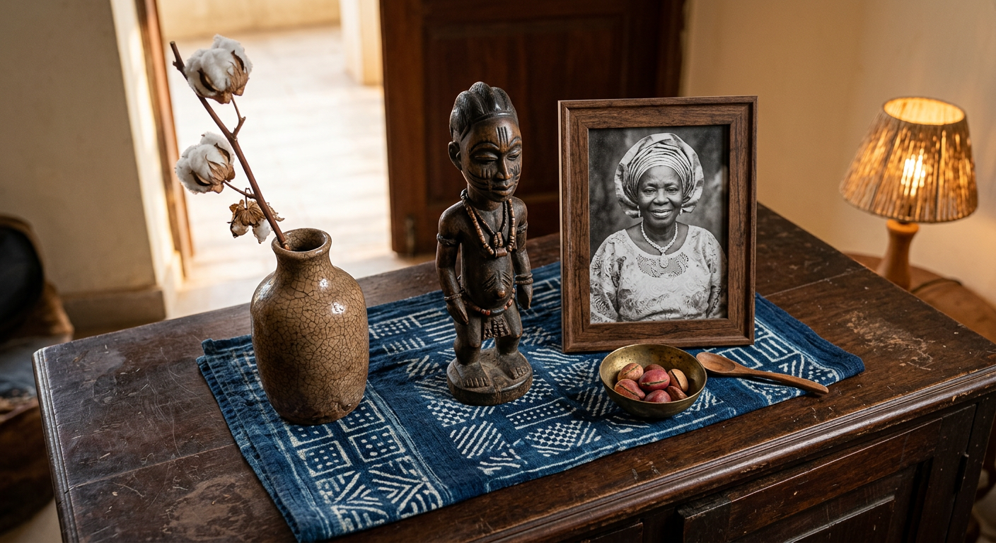 African inspired home decor sideboard with carved Yoruba wooden figure, brass bowl, adire cloth, and framed black and white family photograph

IMAGE 3 (Mid "What Actually Makes a Space Afrohemian?")
File name: afrohemian-bedroom-kuba-cloth-accra-home.jpg
Alt text: Afrohemian bedroom in an Accra home with ochre walls, kuba cloth duvet, velvet and linen pillows, monstera plant, and woven pendant light

IMAGE 4 (End of "What Actually Makes a Space Afrohemian?")
File name: african-inspired-gallery-wall-nairobi-hallway.jpg
Alt text: African inspired gallery wall in a Nairobi hallway with Maasai portrait print, batik textile frame, Nigerian sign art, sisal fiber art, and family photograph

IMAGE 5 (After "Why Is It Blowing Up Right Now?")
File name: afrohemian-kitchen-shelving-south-london-home.jpg
Alt text: Afrohemian kitchen corner in a South London home with handmade ceramic mugs, herb tins, palm oil, wax print dish towel, and mortar and pestle on butcher block counter

IMAGE 6 (After "How Do You Start Without It Feeling Fake?")
File name: afrohemian-decor-mudcloth-armchair-atlanta-apartment.jpg
Alt text: Afrohemian decor mudcloth armchair in an Atlanta apartment with fiddle leaf fig, clay bud vase, African art books stacked on the floor, and warm afternoon light

IMAGE 7 (End of post)
File name: afrohemian-interior-design-trend-2026-johannesburg.jpg
Alt text: Afrohemian interior design trend 2026 full living room in a Johannesburg home with ankara cushions, woven basket wall art, brass candleholders, and golden hour light through open courtyard door

The two images carrying the primary focus keyword in both file name and alt text are the feature image (afrohemian-decor-living-room-2026) and Image 6 (afrohemian-decor-mudcloth-armchair-atlanta-apartment), both of which also include supporting detail that reinforces the keyword naturally. The remaining six rotate through secondary keywords, "African inspired home decor," "Afrohemian bedroom," "Afrohemian kitchen," and "Afrohemian interior design trend 2026," so the overall image SEO reads as varied and natural to Google rather than keyword-stuffed.