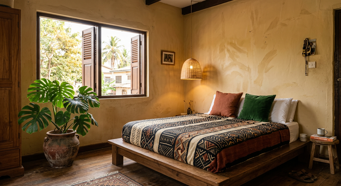 Afrohemian bedroom in an Accra home with ochre walls, kuba cloth duvet, velvet and linen pillows, monstera plant, and woven pendant light