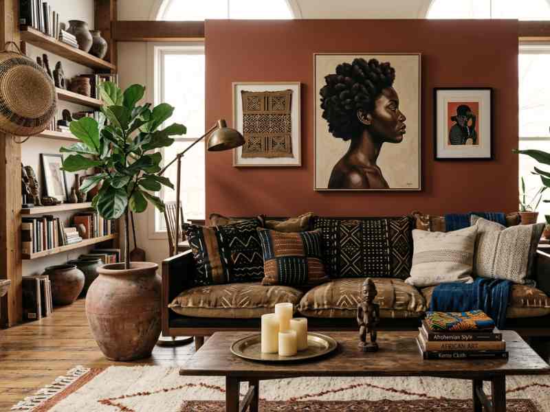 Afrohemian decor corner in a Lagos apartment with vintage rattan chair, kente throw, terracotta pots, and canvas wall art in warm afternoon light