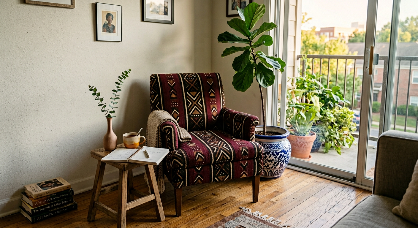Afrohemian decor mudcloth armchair in an Atlanta apartment with fiddle leaf fig, clay bud vase, African art books stacked on the floor, and warm afternoon light