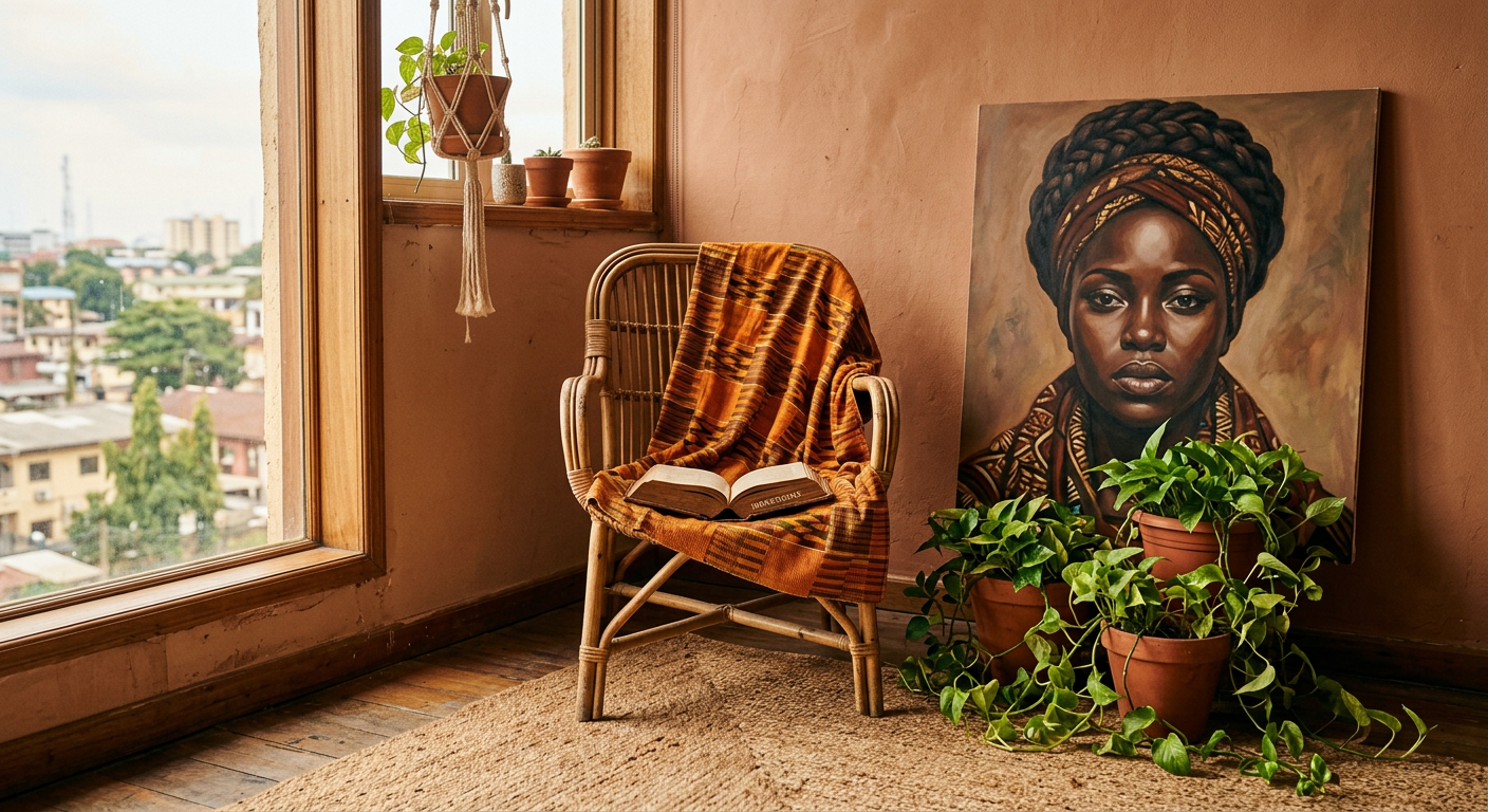 Afrohemian decor corner in a Lagos apartment with vintage rattan chair, kente throw, terracotta pots, and canvas wall art in warm afternoon light