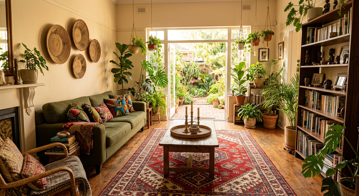 Afrohemian interior design trend 2026 full living room in a Johannesburg home with ankara cushions, woven basket wall art, brass candleholders, and golden hour light through open courtyard door