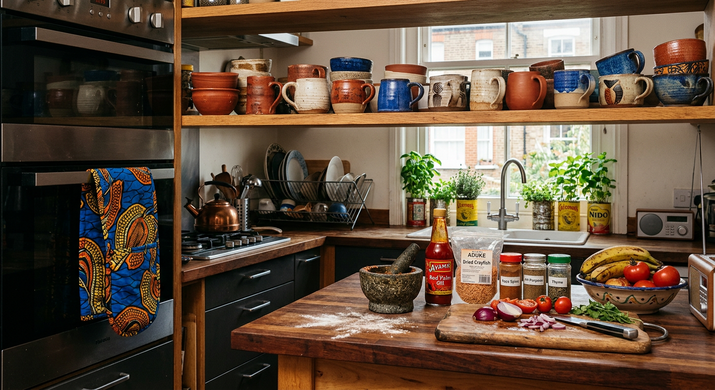 Afrohemian kitchen corner in a South London home with handmade ceramic mugs, herb tins, palm oil, wax print dish towel, and mortar and pestle on butcher block counter
