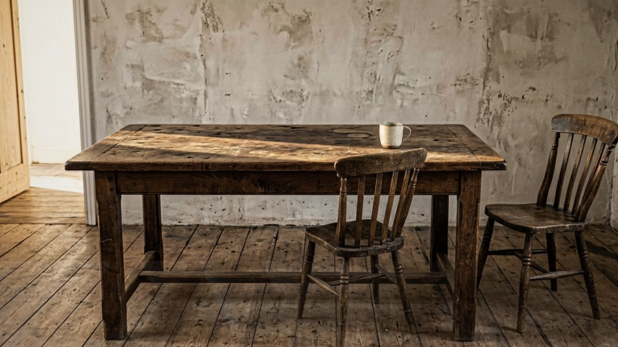 Aged wooden dining table with natural patina, scratches, and a single ceramic cup in sharp late-afternoon window light