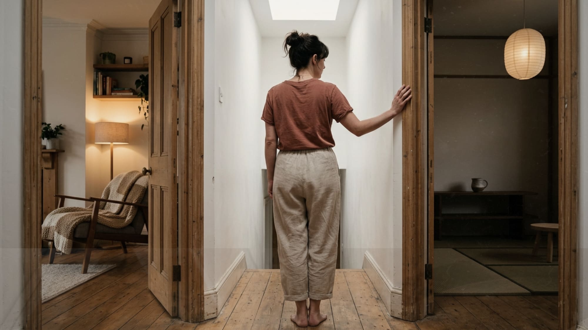Woman standing in hallway between two open doorways, one leading to a warm Scandinavian room and one to a quiet Japandi room, deciding between interior design styles