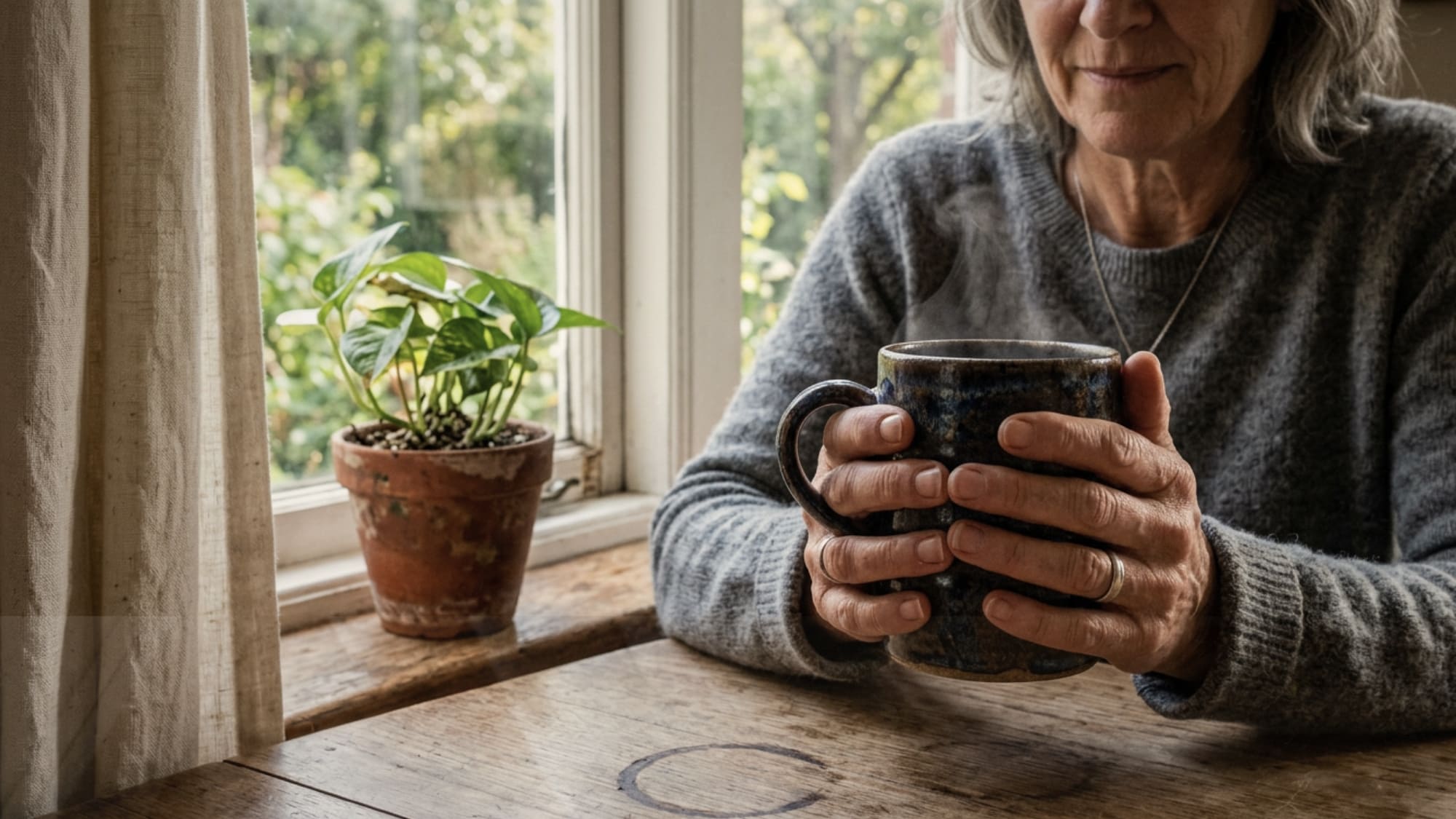 Hands wrapped around a rough handmade ceramic mug near a linen-curtained window with a cracked clay pot plant on the sill