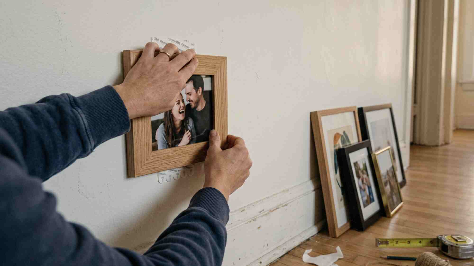 Hands pressing a framed photo onto a white rental wall using adhesive command strips with more frames waiting on the floor