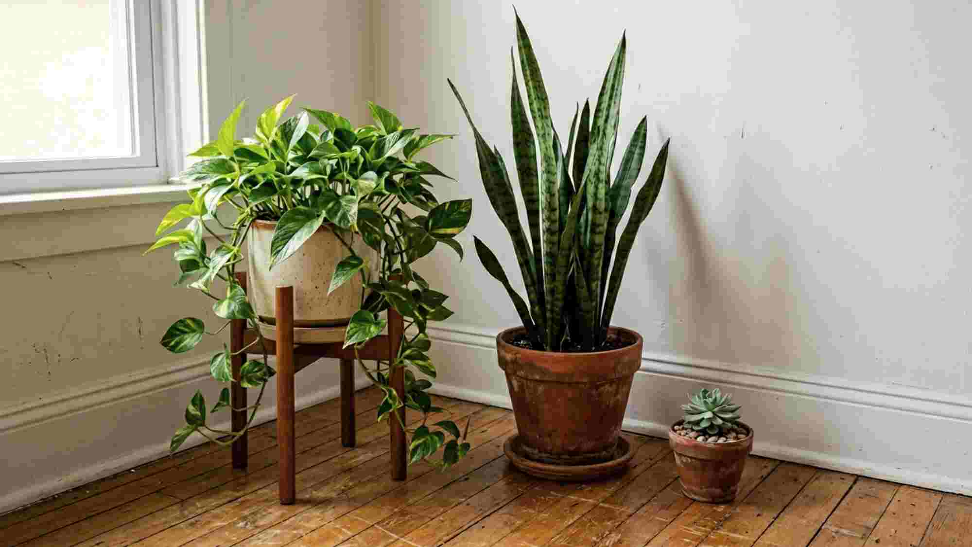 Snake plant pothos and succulent grouped together in terracotta pots in a bright rental apartment corner on scratched wooden floors