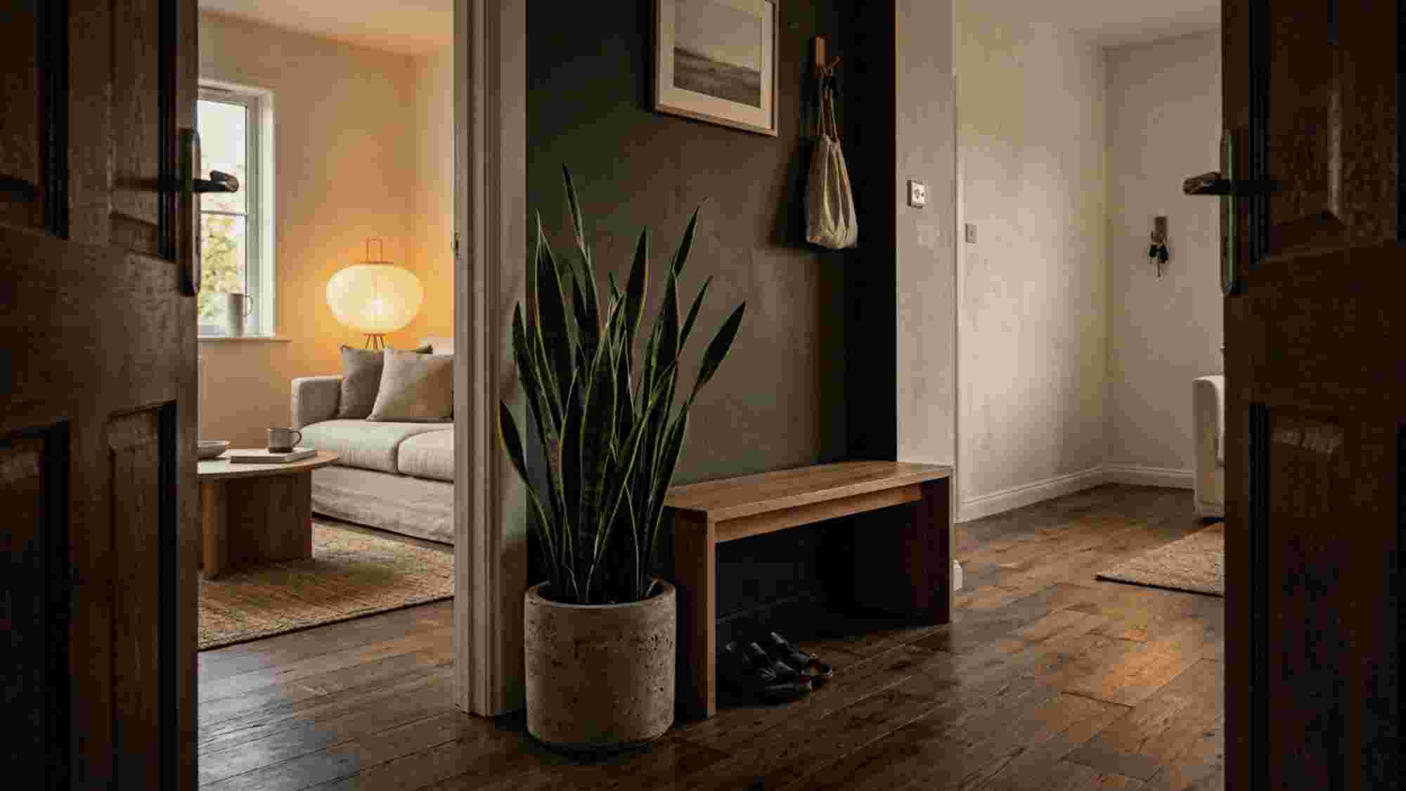 Wide shot of a calm Japandi apartment entryway with a low wooden bench snake plant in a concrete pot and warm amber floor lamp glow in the living room beyond