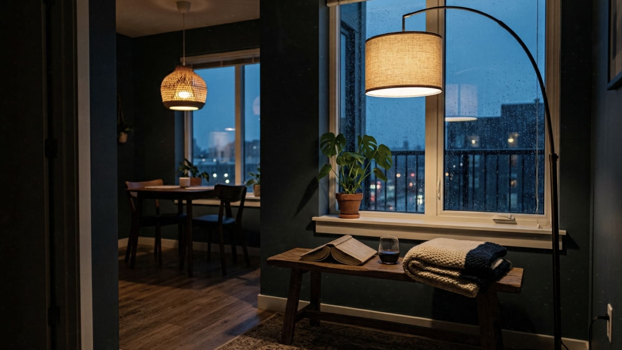 Small apartment corner at dusk with linen arc floor lamp and rattan pendant light casting warm pools of light over a low wooden bench