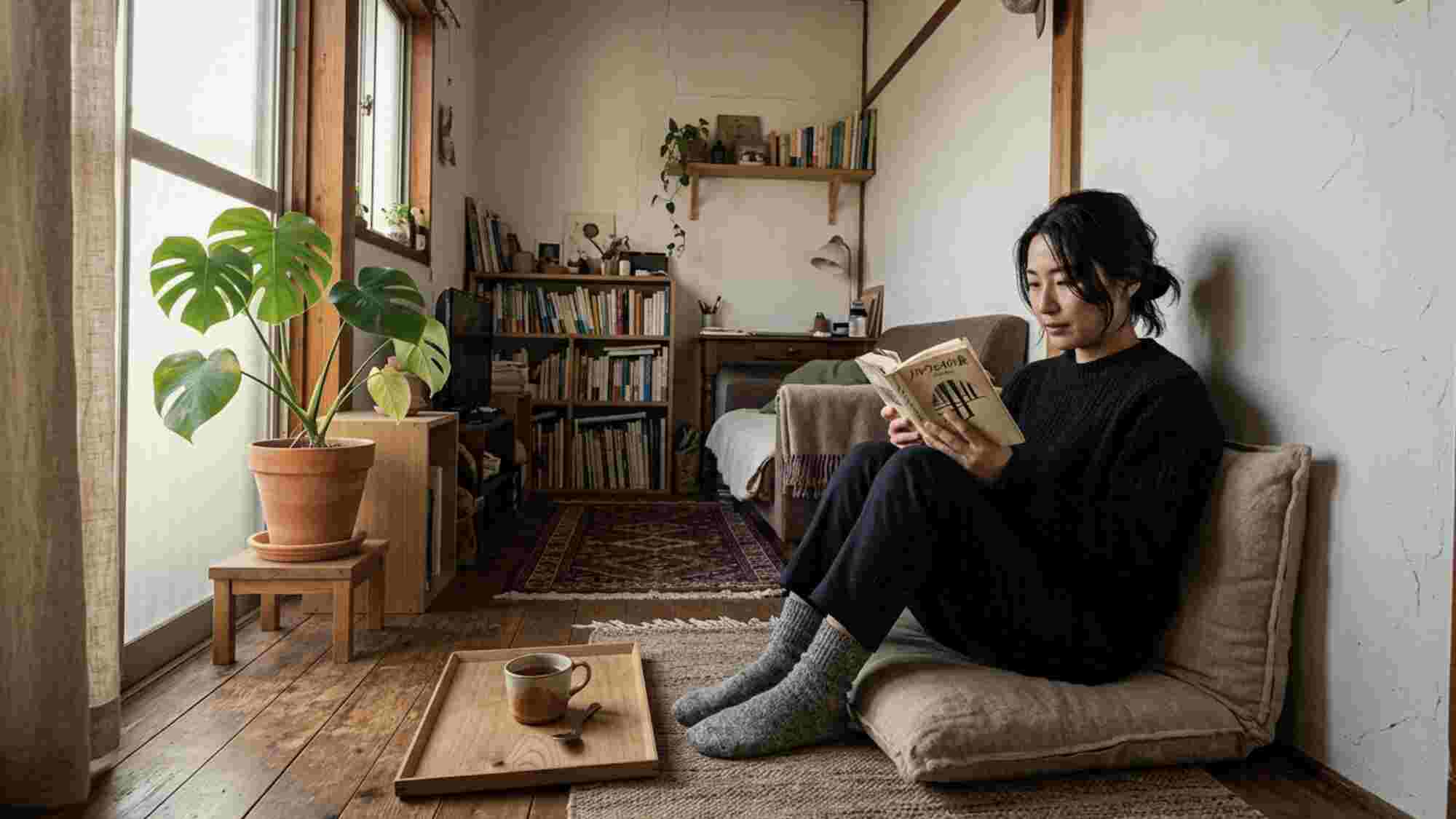 Woman reading on a low linen floor cushion in a minimal Japandi living room with monstera plant and terracotta pot