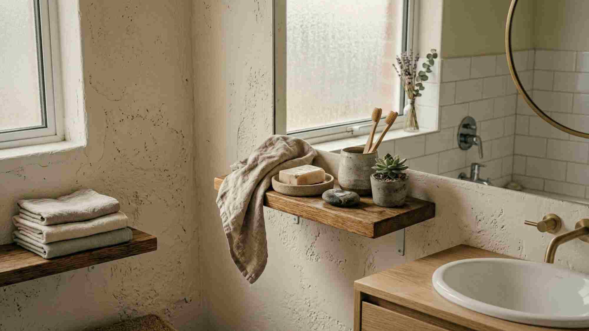 Small apartment bathroom shelf with rough linen towel, unglazed ceramic soap dish, river stone and wooden toothbrush handles, Japandi natural textures