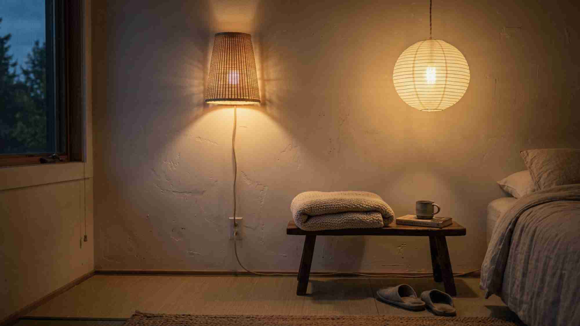 Japandi bedroom corner at dusk with plug-in bamboo wall sconce and paper lantern pendant casting warm amber light on a bare plaster wall