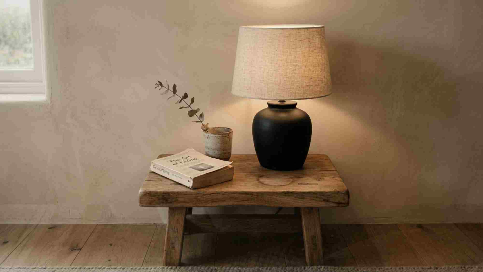 Minimalist Japandi bedroom decor with a solid oak stool nightstand, matte ceramic lamp, linen shade, and single dried flower stem on warm clay wall