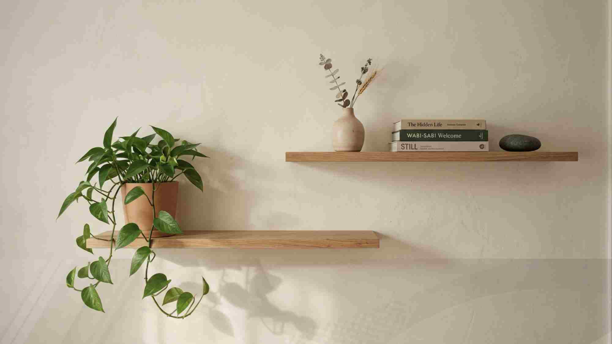 Natural oak floating shelves styled with negative space, hand-thrown ceramic vase, dried sprig, and trailing pothos in terracotta pot on limewash wall