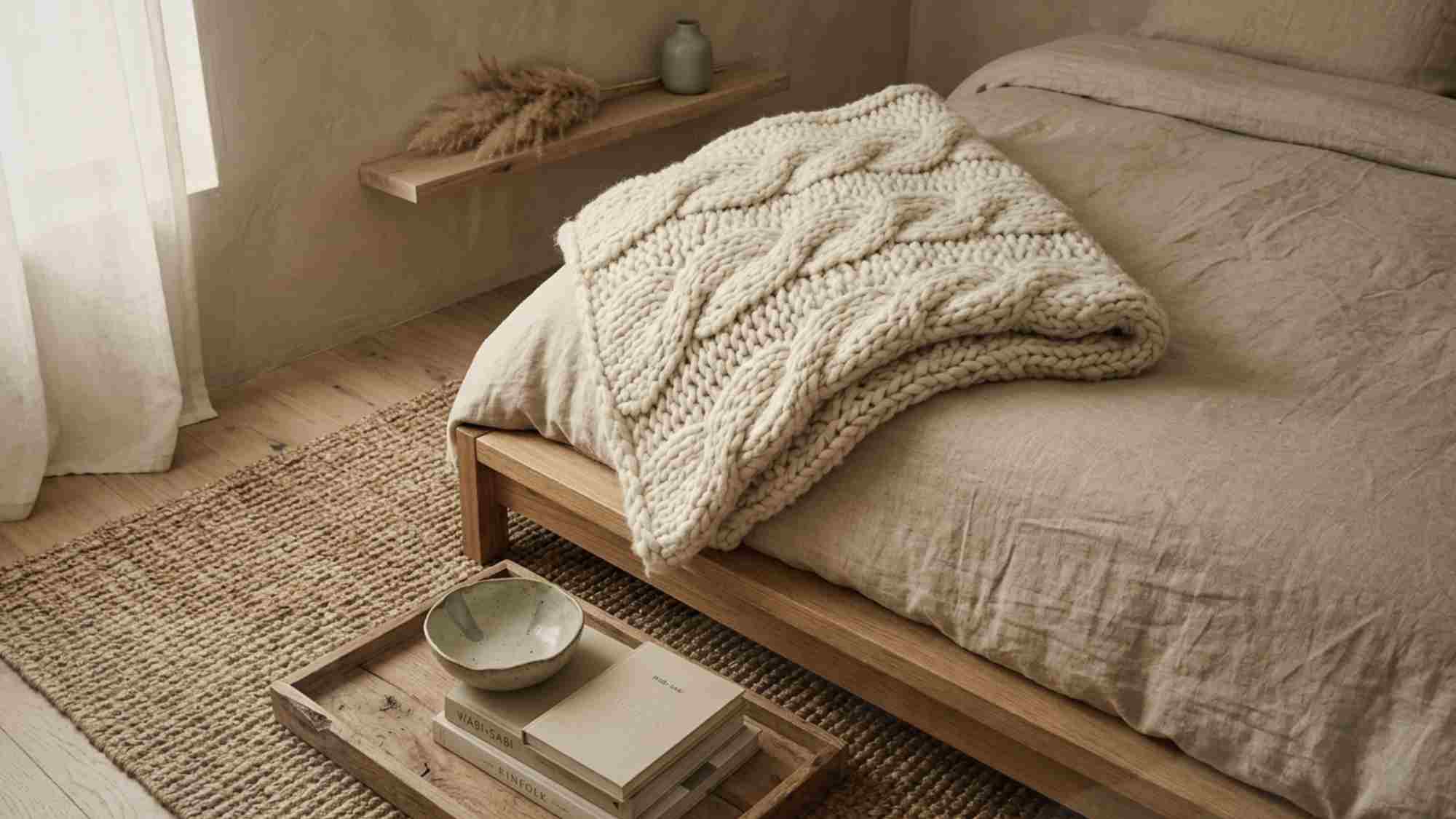 Japandi bedroom ideas showing layered textures with chunky knit throw, jute rug, linen duvet, and handmade ceramic bowl in warm beige tones