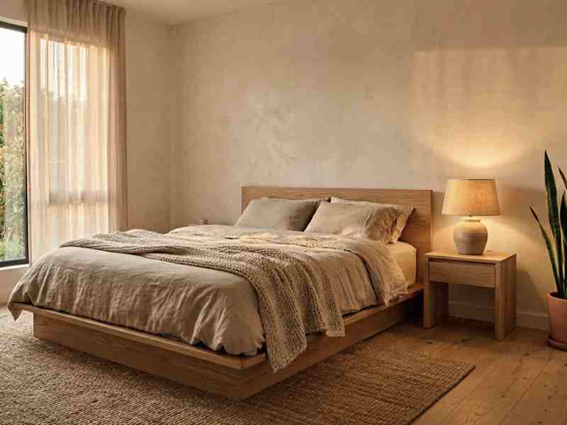 Japandi bedroom ideas with low ash wood platform bed, oatmeal linen bedding, ceramic lamp, and jute rug in warm neutral tones