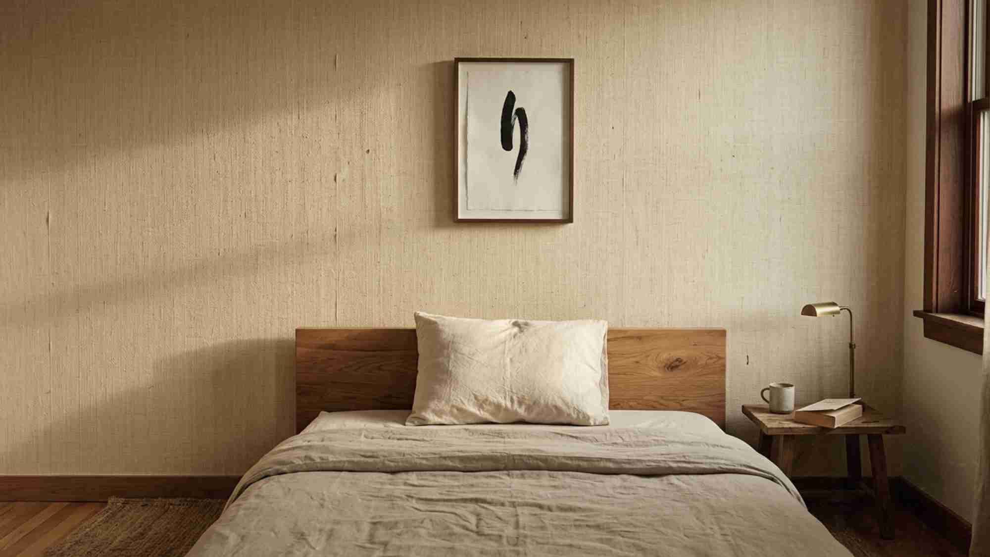 Japandi bedroom ideas using peel-and-stick linen texture wallpaper on an accent wall with a low wood bed frame and single ink brushstroke artwork