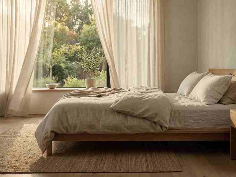 Low Japanese-style ash wood bed frame with rumpled washed linen duvet and empty floor space in a minimalist Japandi bedroom
