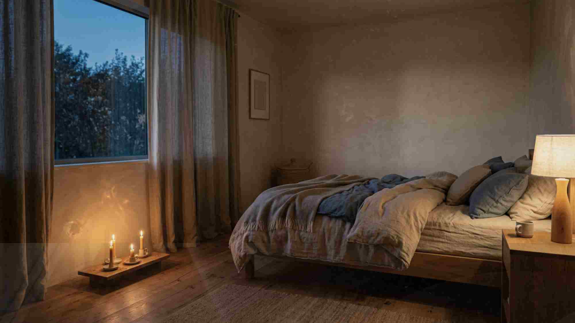 Japandi bedroom at evening with warm mood lighting from a linen shade table lamp and beeswax candles on a low wooden tray near the window
