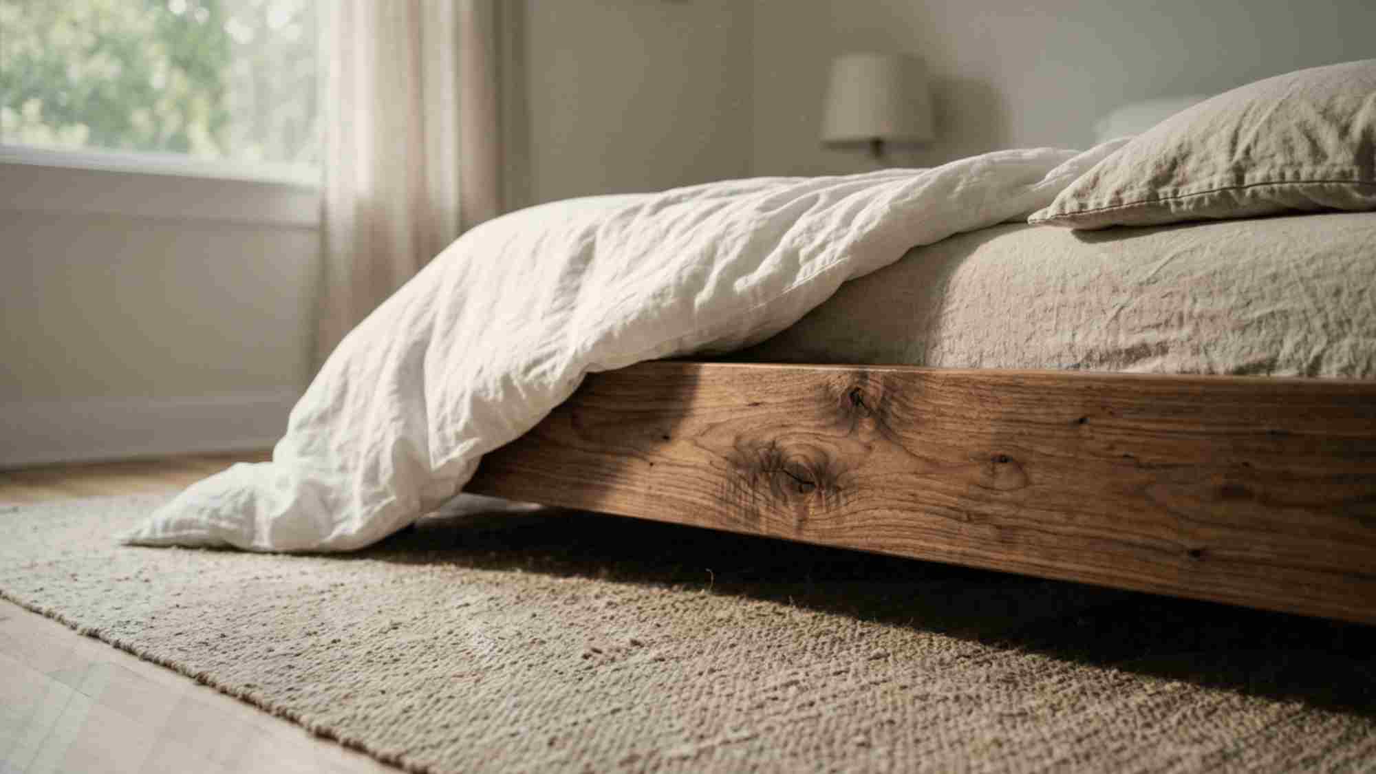 Low walnut platform bed with natural wood grain and stonewashed linen bedding in a minimalist Japandi bedroom