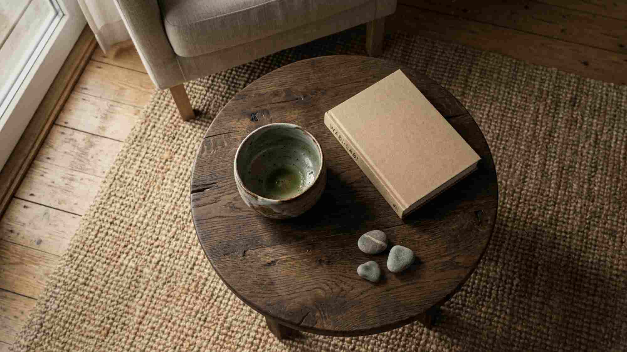 Overhead flat-lay of a dark stained oak coffee table styled in Japandi aesthetic with a grey ceramic bowl and river stones on a jute rug