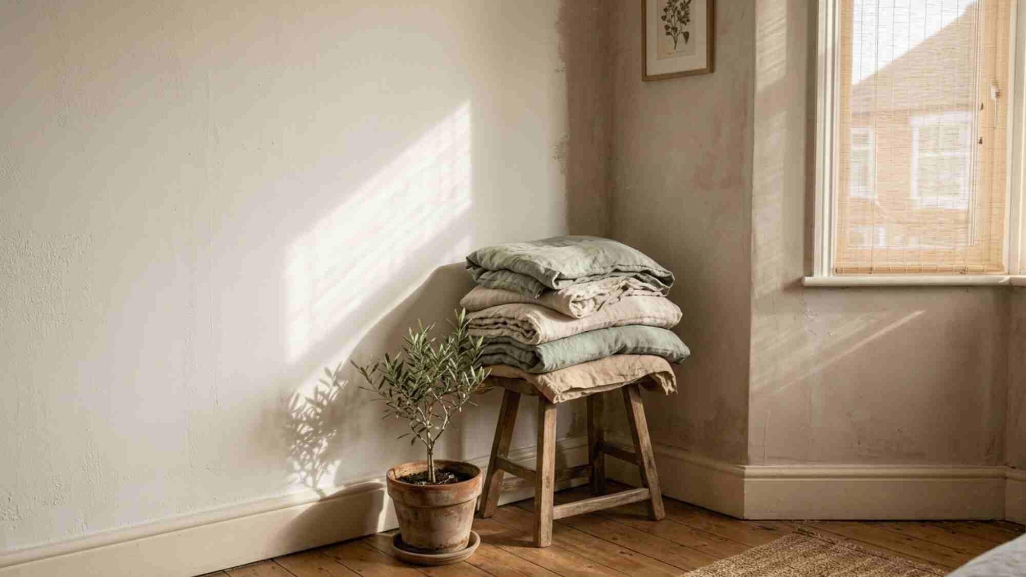 Rented apartment bedroom corner with warm off-white wall, folded linen bedding in sand and sage tones, terracotta pot with olive tree