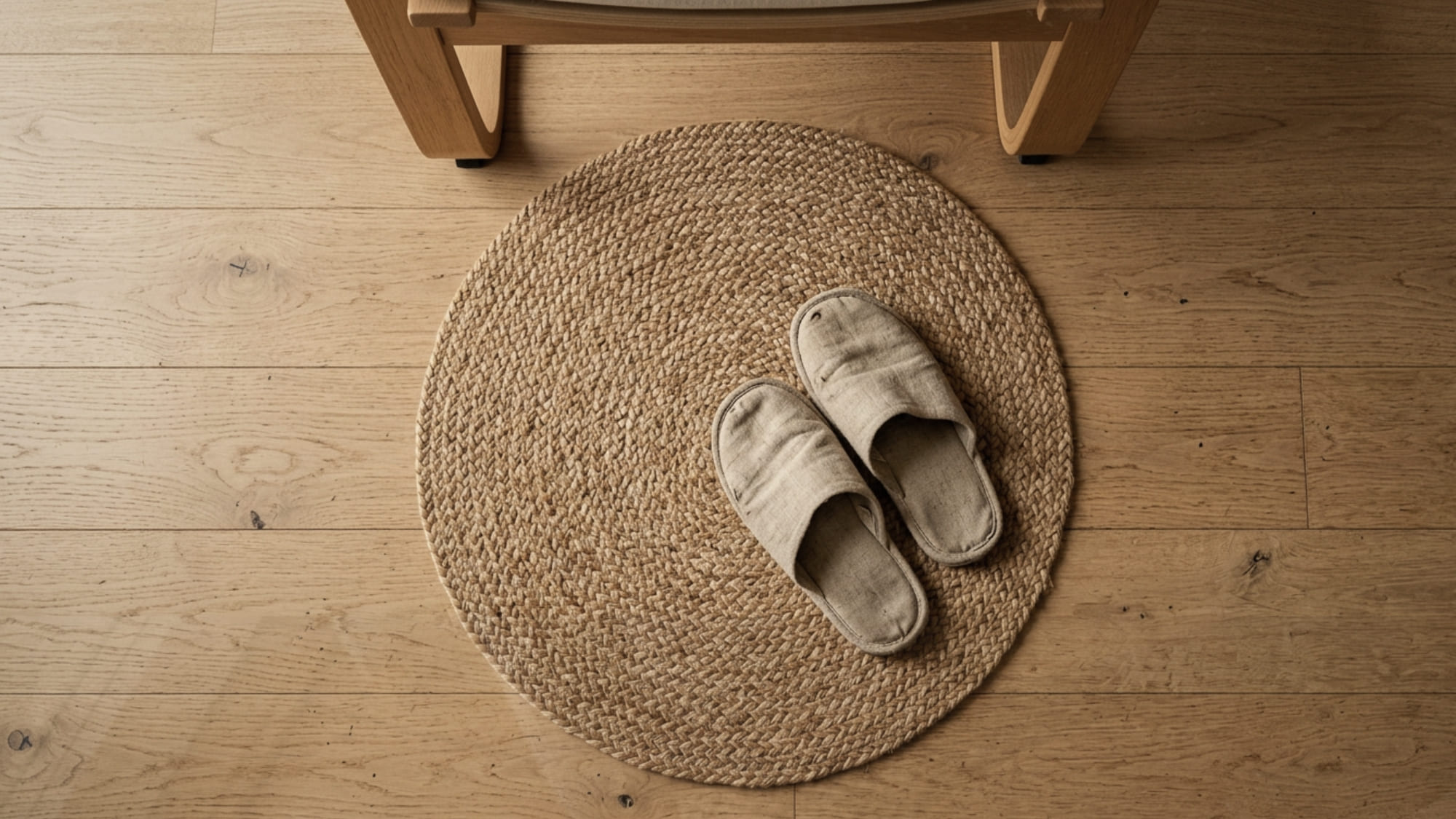 Overhead flatlay of a small round jute rug on light oak floorboards with low wooden chair leg and worn linen house slippers in a Japandi reading corner