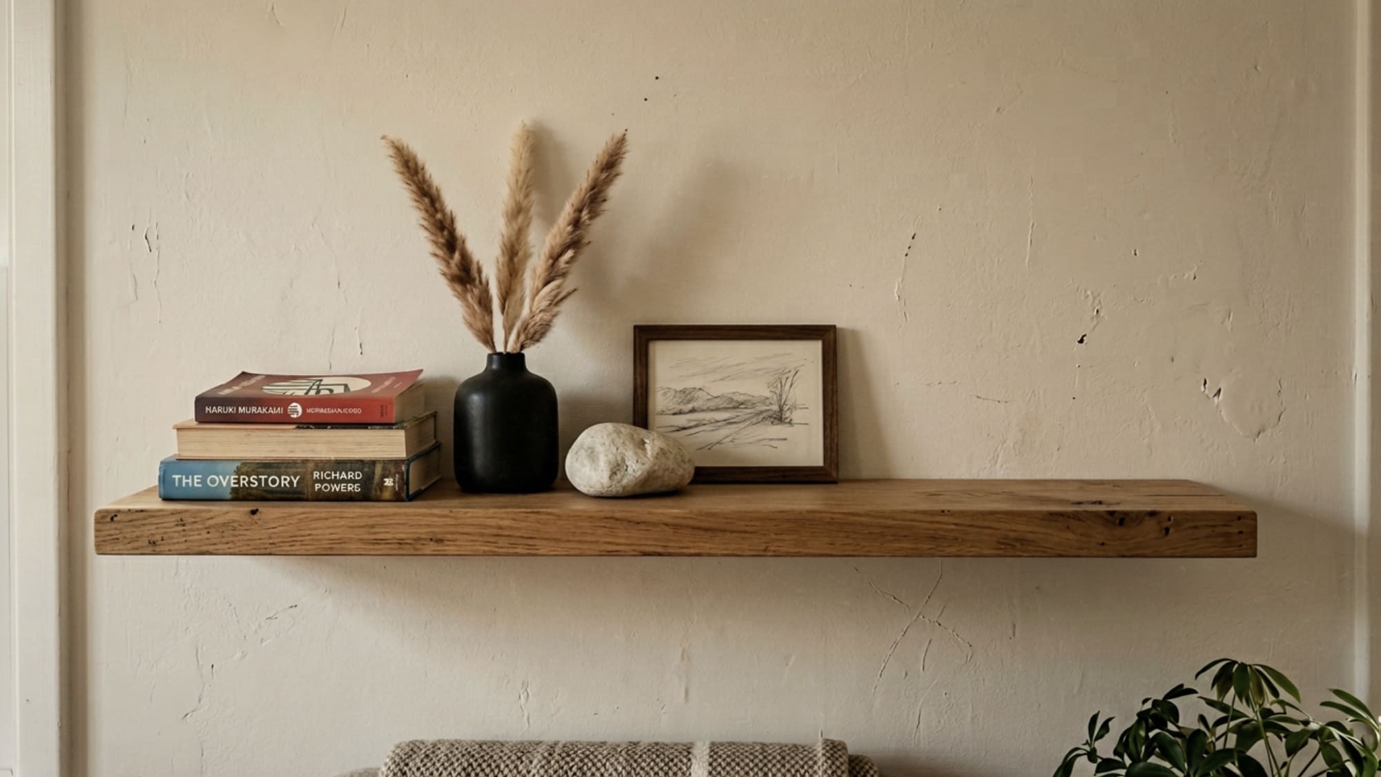 Single floating wooden shelf with minimal Japandi styling, matte black ceramic vase, dried pampas stems, smooth stone and small leaning pencil sketch