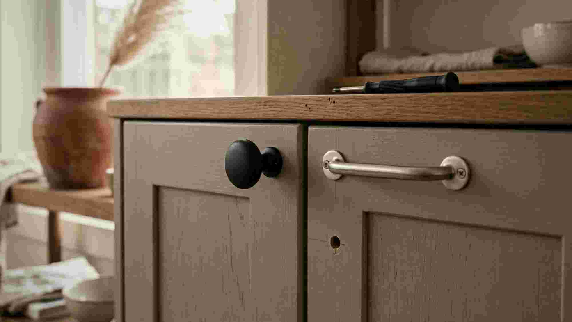 Close up of a Japandi IKEA hack showing a matte black ceramic knob replacing a silver factory handle on a greige painted sideboard