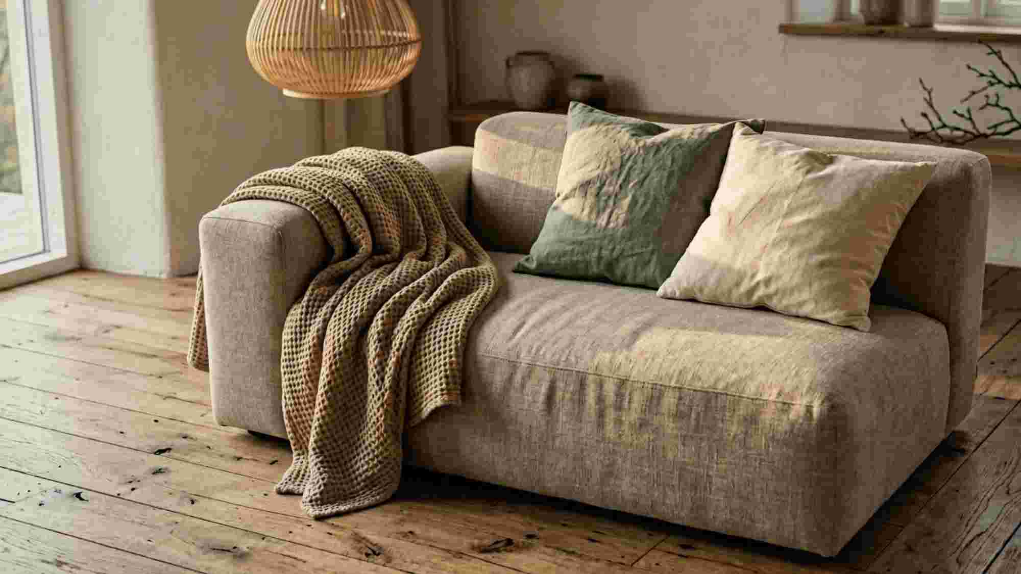 Low Japandi IKEA sofa in oatmeal linen with sage and undyed cotton cushions and a bamboo pendant light in warm afternoon light