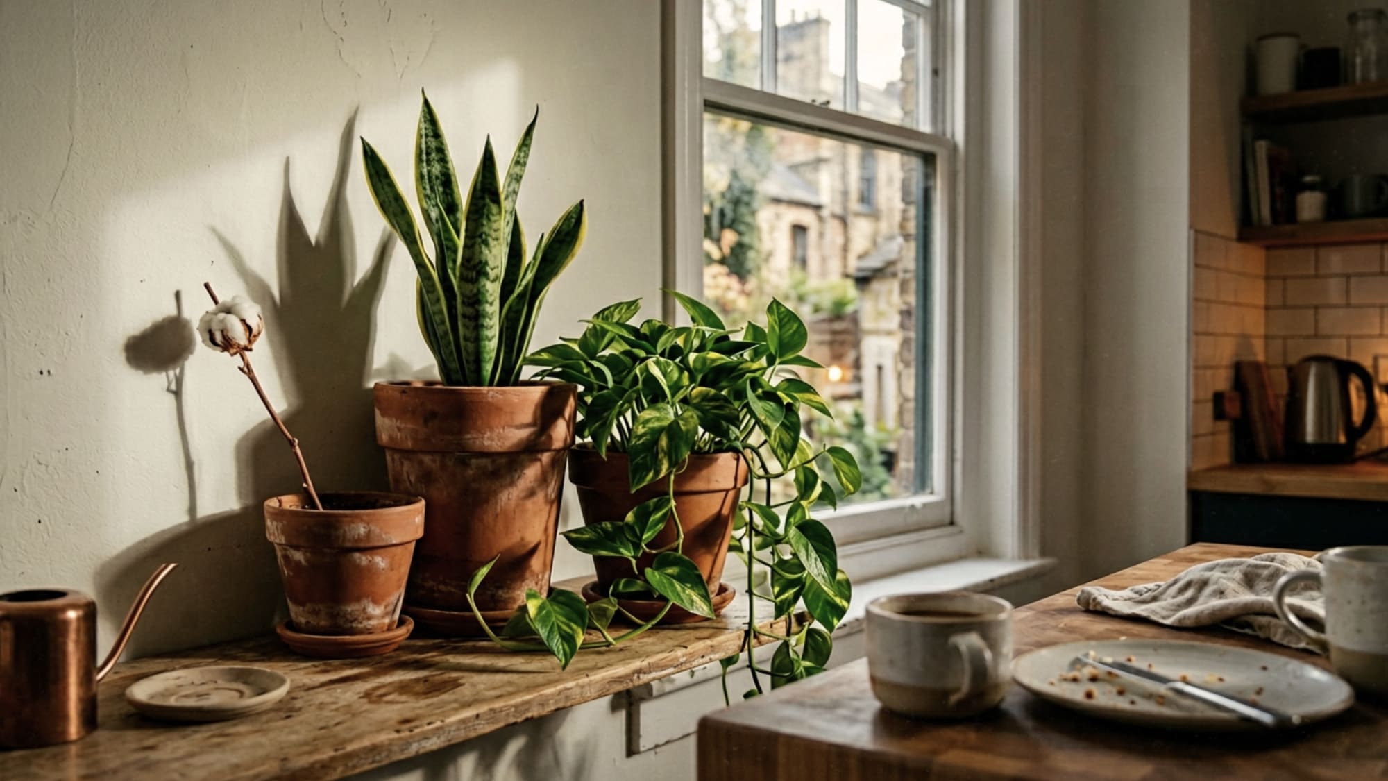 Three terracotta pots of different heights on a small apartment kitchen windowsill with snake plant, trailing pothos and dried cotton flower stem
