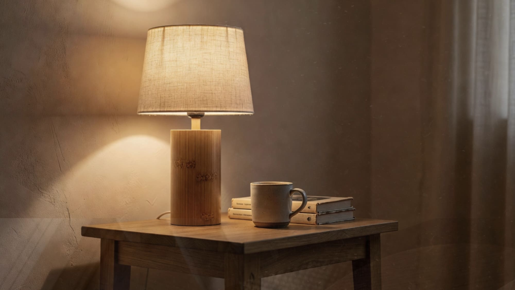 Bamboo table lamp with linen shade glowing warm amber on a solid oak side table beside a ceramic mug and stacked books against a limewash wall in a Japandi reading nook