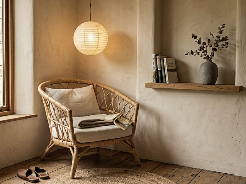 Japandi reading nook with low rattan chair, round jute rug, washi paper pendant lamp, and dried stem in matte stone vase in a warm cream alcove corner
