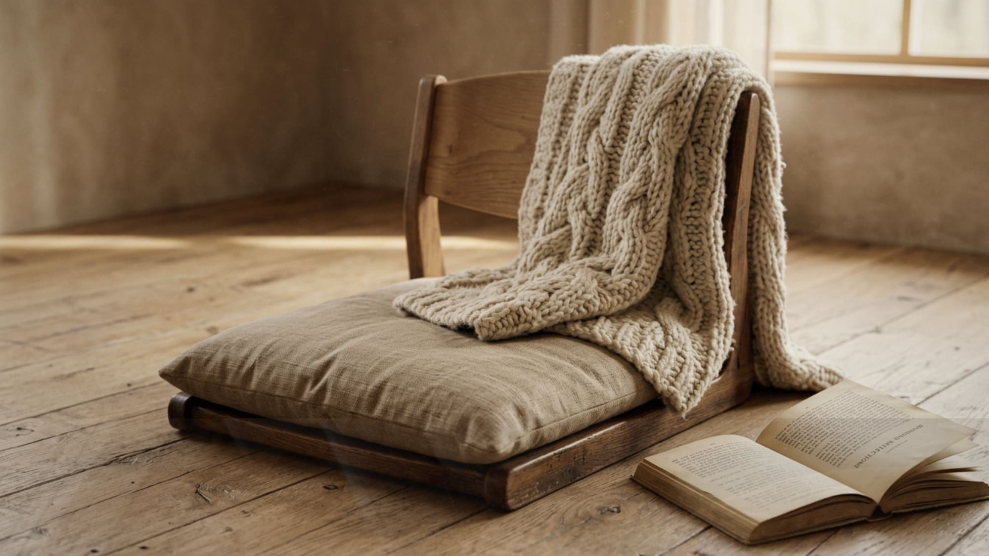 Japandi reading nook zaisu floor chair with sand linen seat cushion, chunky cream knit blanket draped over the side, and open book on bare oak floorboards