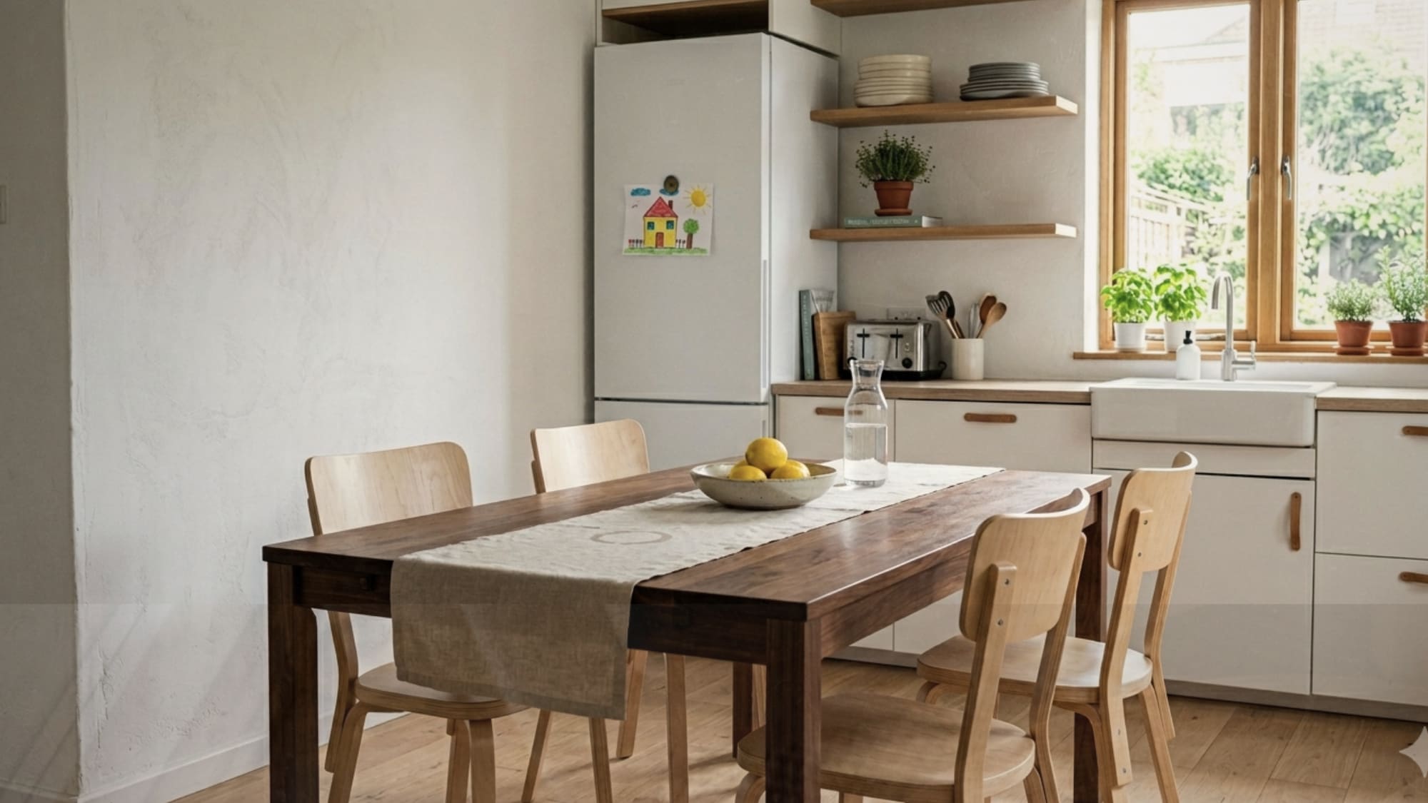 Blended kitchen dining space combining Japandi walnut table, Scandinavian birch chairs and minimalist open shelving with handmade ceramics and natural morning light