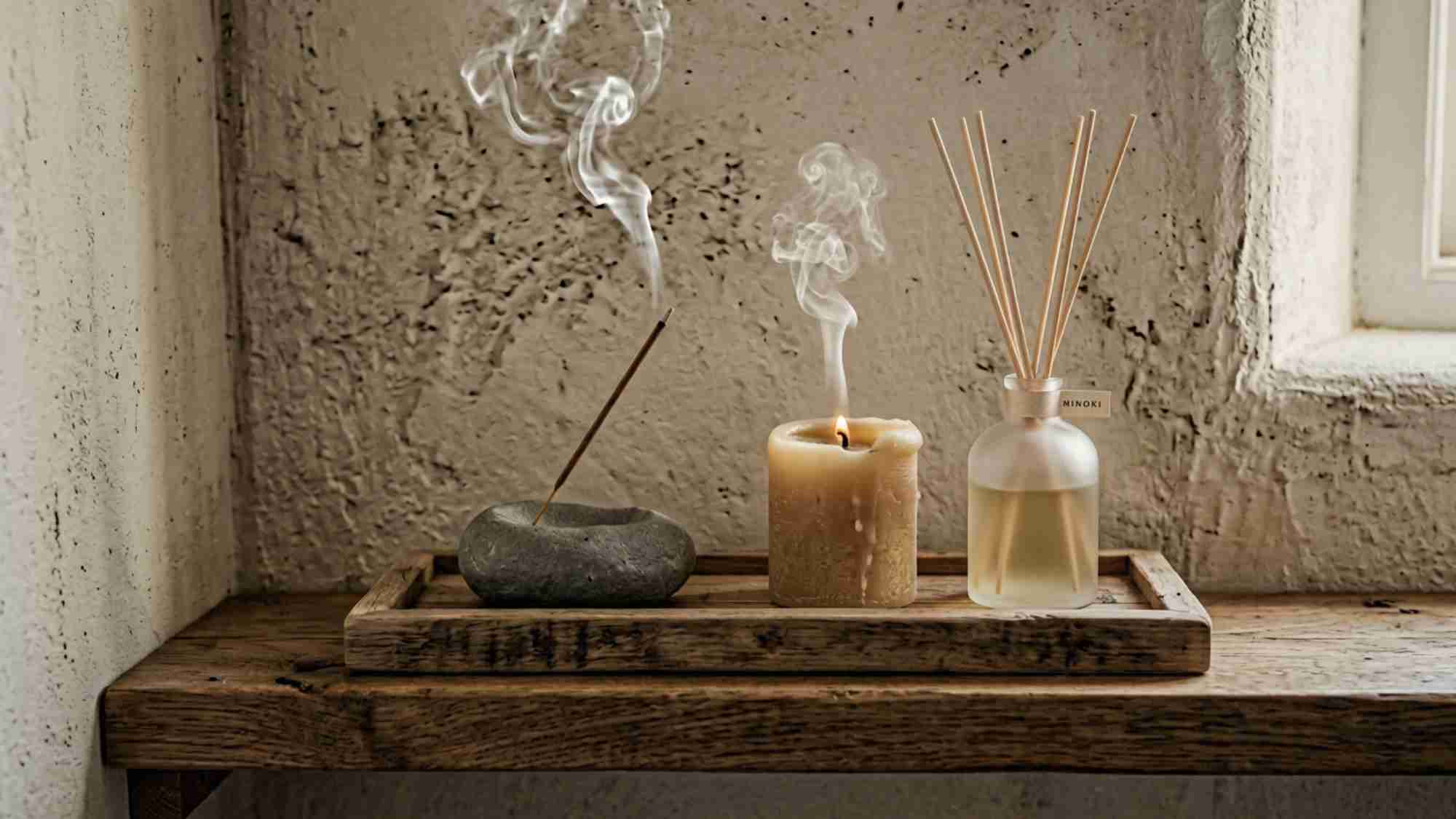 Japandi bedroom scent vignette with smoldering incense, beeswax pillar candle, and reed diffuser grouped on a raw wood tray on a plaster wall shelf