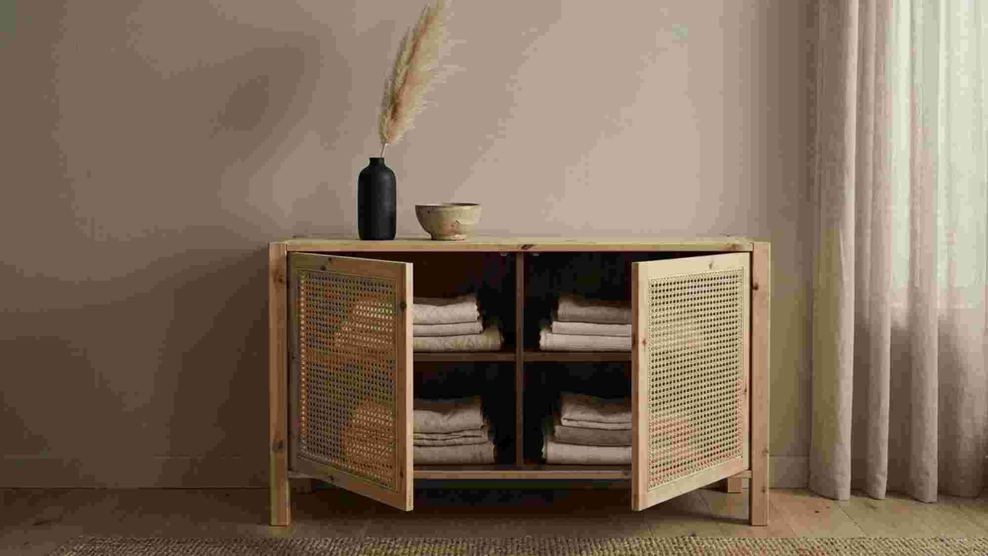 Japandi style budget IKEA pine shelving unit with cane panel doors styled with dried pampas grass in a matte black vase on a greige wall