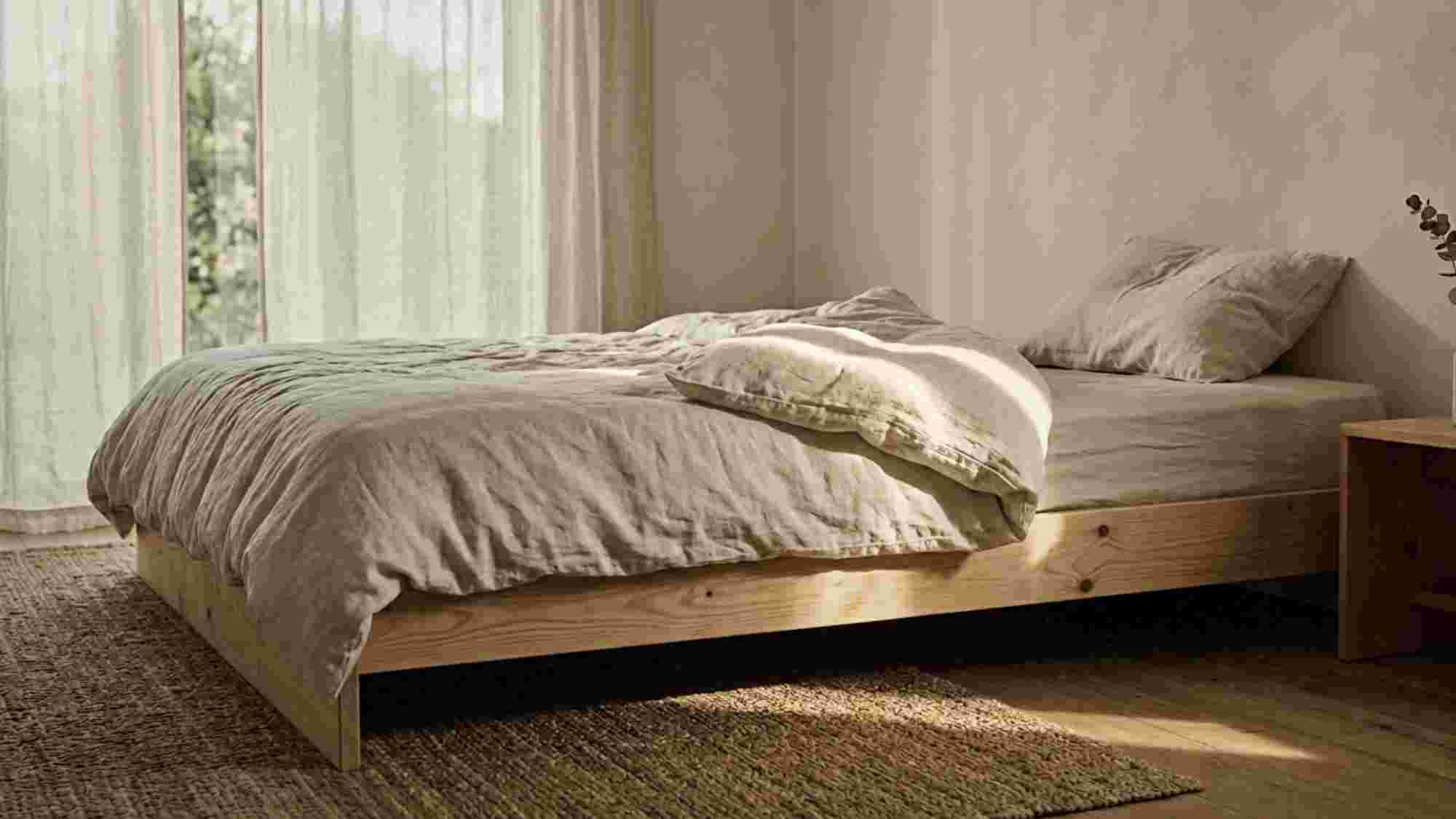 Japandi style on a budget IKEA bedroom with raw pine low bed frame washed linen duvet and oiled pine nightstand in soft morning light