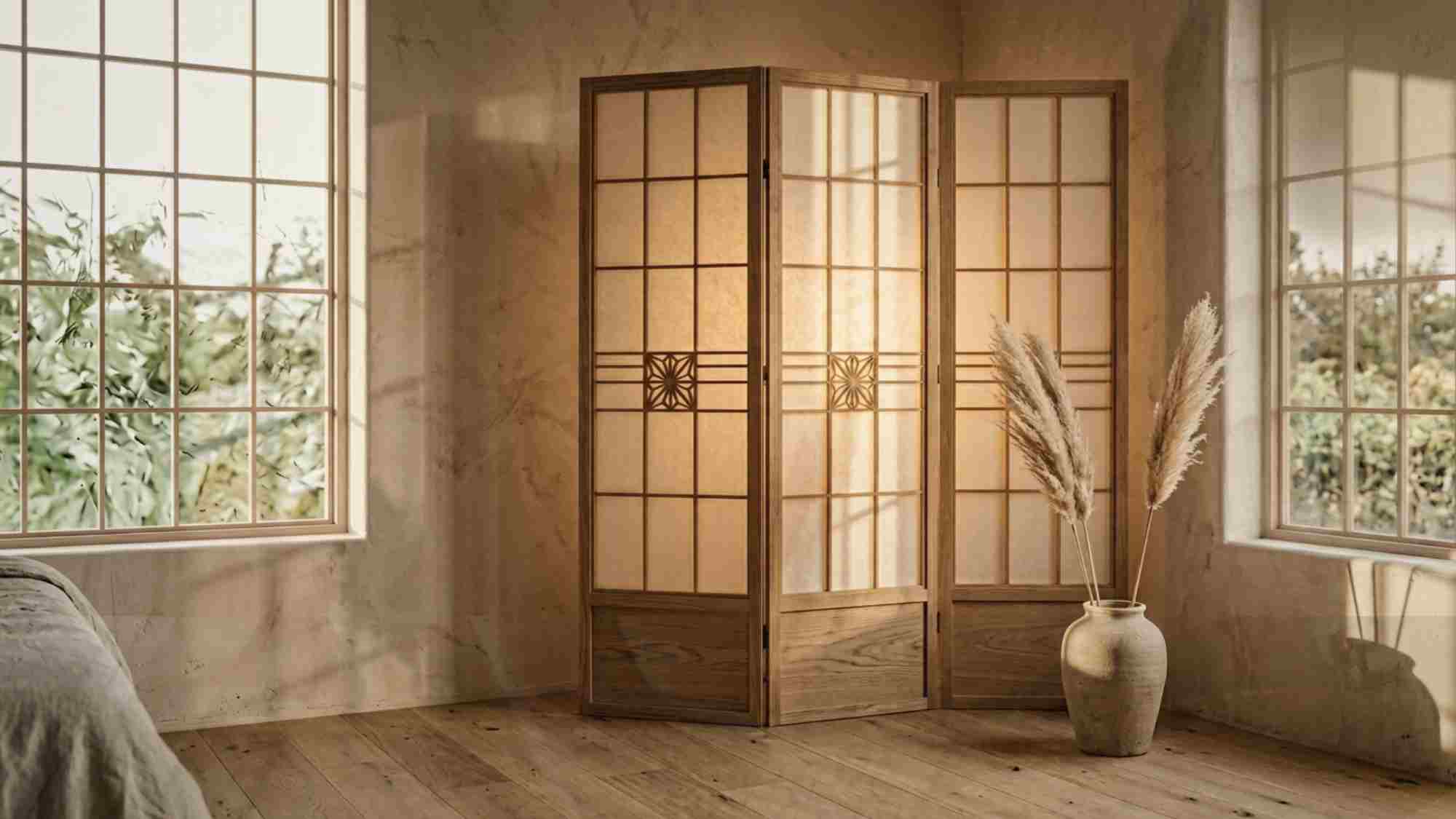 Shoji-style wooden room divider screen in a Japandi bedroom corner with rice paper panels, dried pampas stems, and warm oak flooring