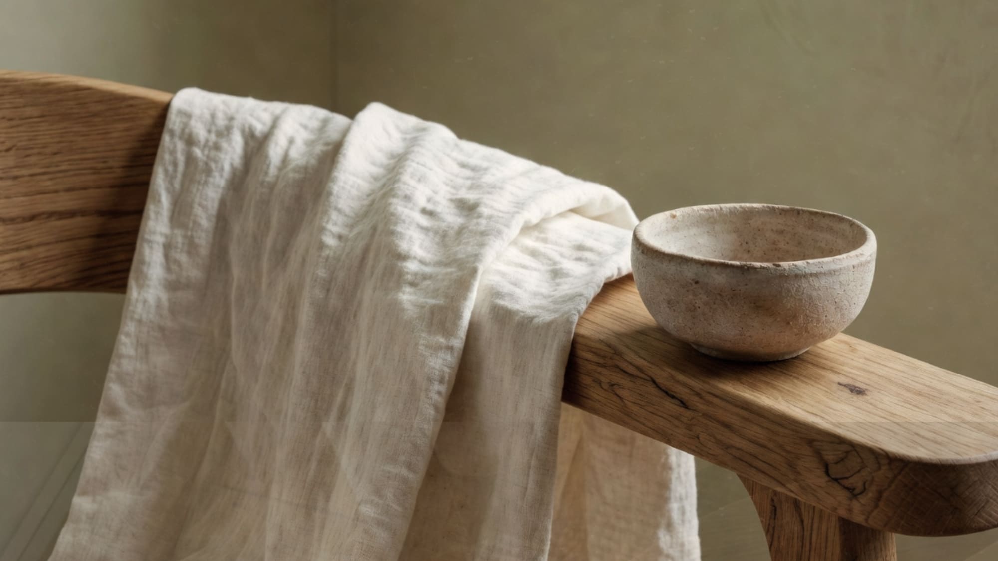 Close-up of a wrinkled linen throw draped over a natural oak chair arm beside a rough unglazed ceramic bowl with a soft sage Japandi wall in the background