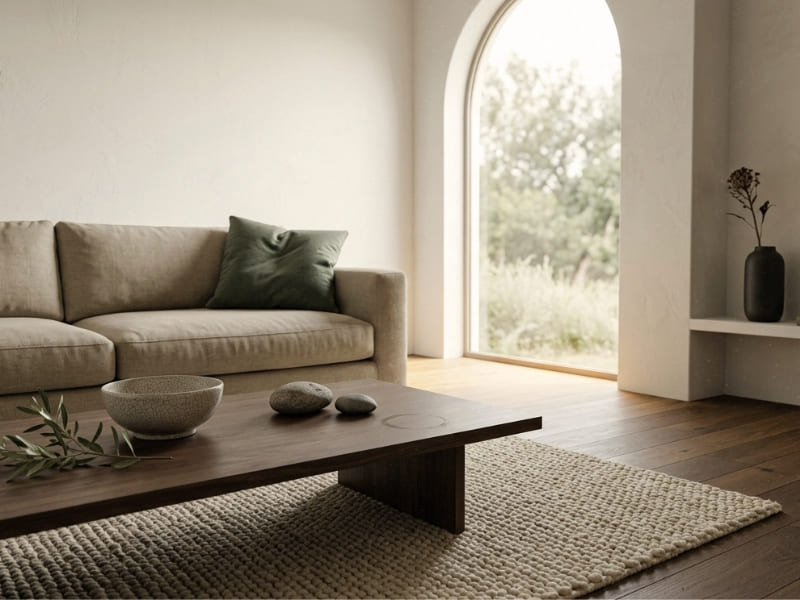 Japandi vs Scandinavian vs minimalist interior design styles shown in a serene living room with walnut coffee table, oatmeal linen sofa and natural morning light