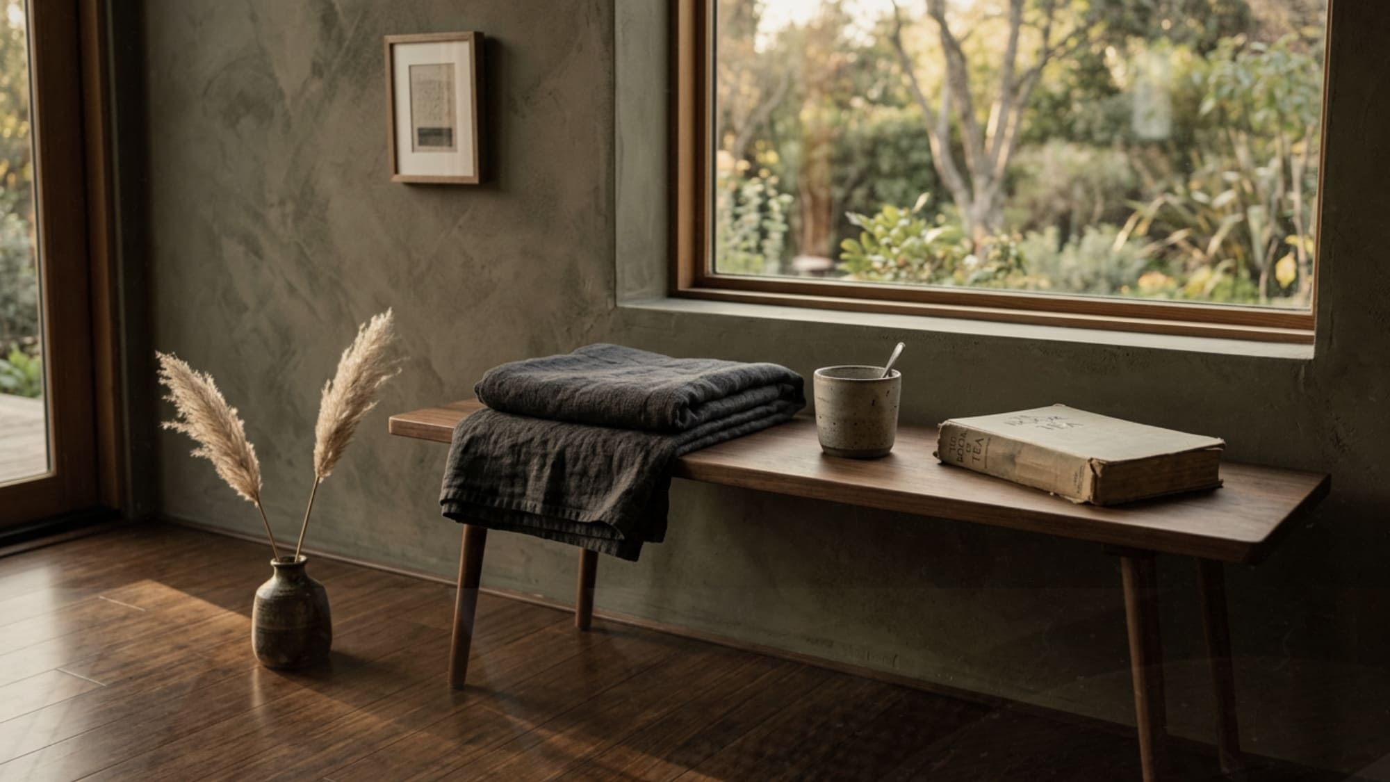 Japandi reading nook with low walnut bench, handmade stoneware cup, olive-grey limewash plaster wall and warm amber light showing the difference between Japandi vs Scandinavian vs minimalist design