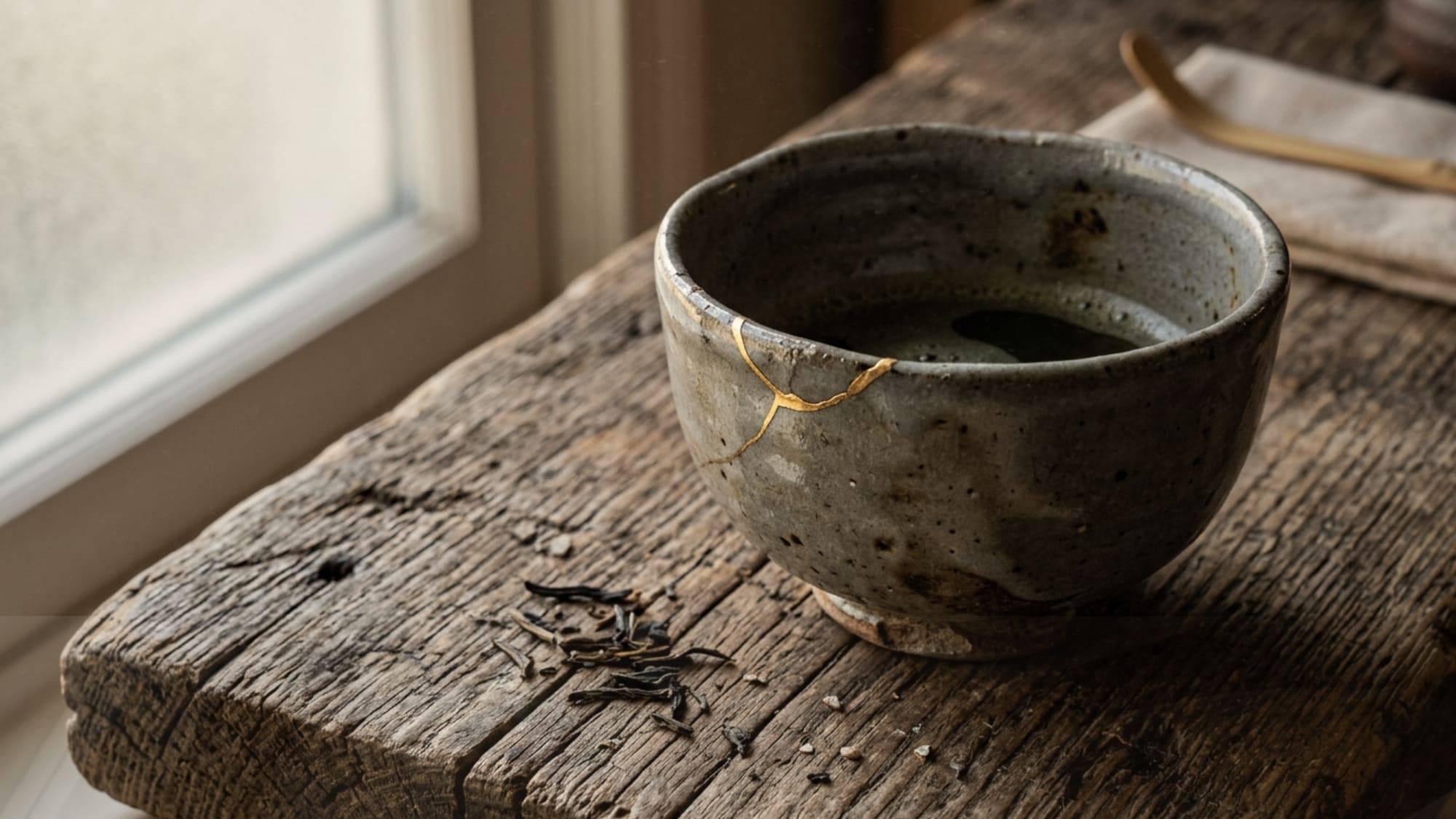Hand-thrown kintsugi tea bowl with gold-repaired crack resting on an aged wooden surface with dried tea leaves
