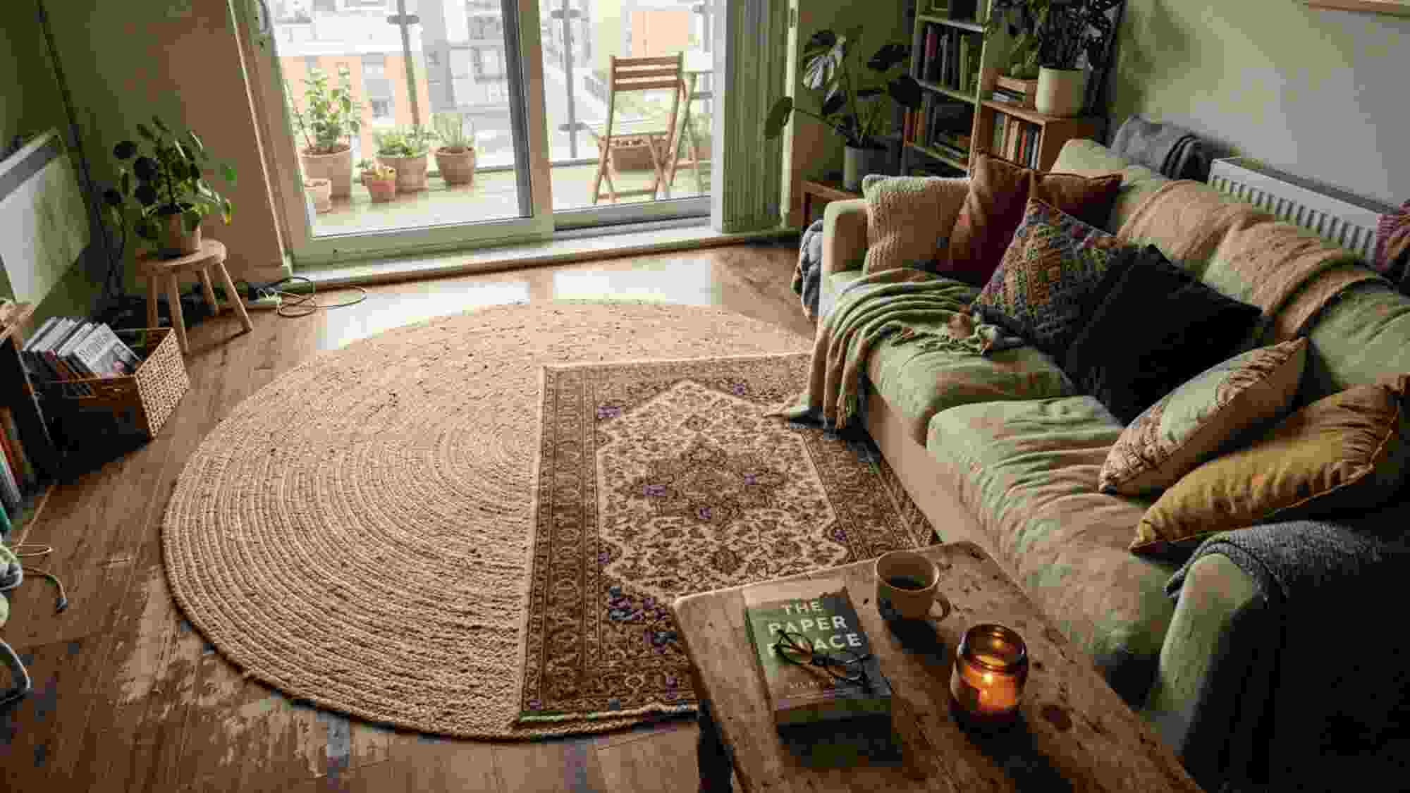 Layered jute and vintage printed rugs in a rental apartment living room with linen sofa and worn laminate floors visible at the edges