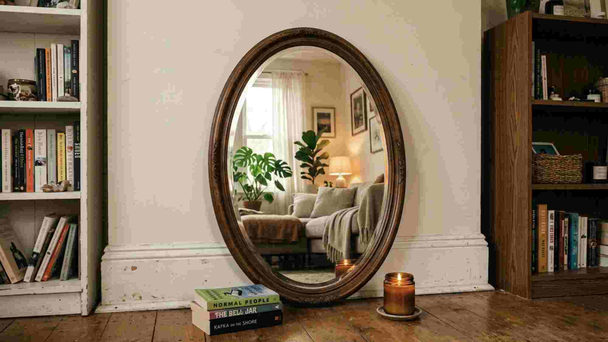 Thrifted oval wooden framed mirror leaning against a rental living room wall between two bookshelves reflecting warm soft lighting and plants