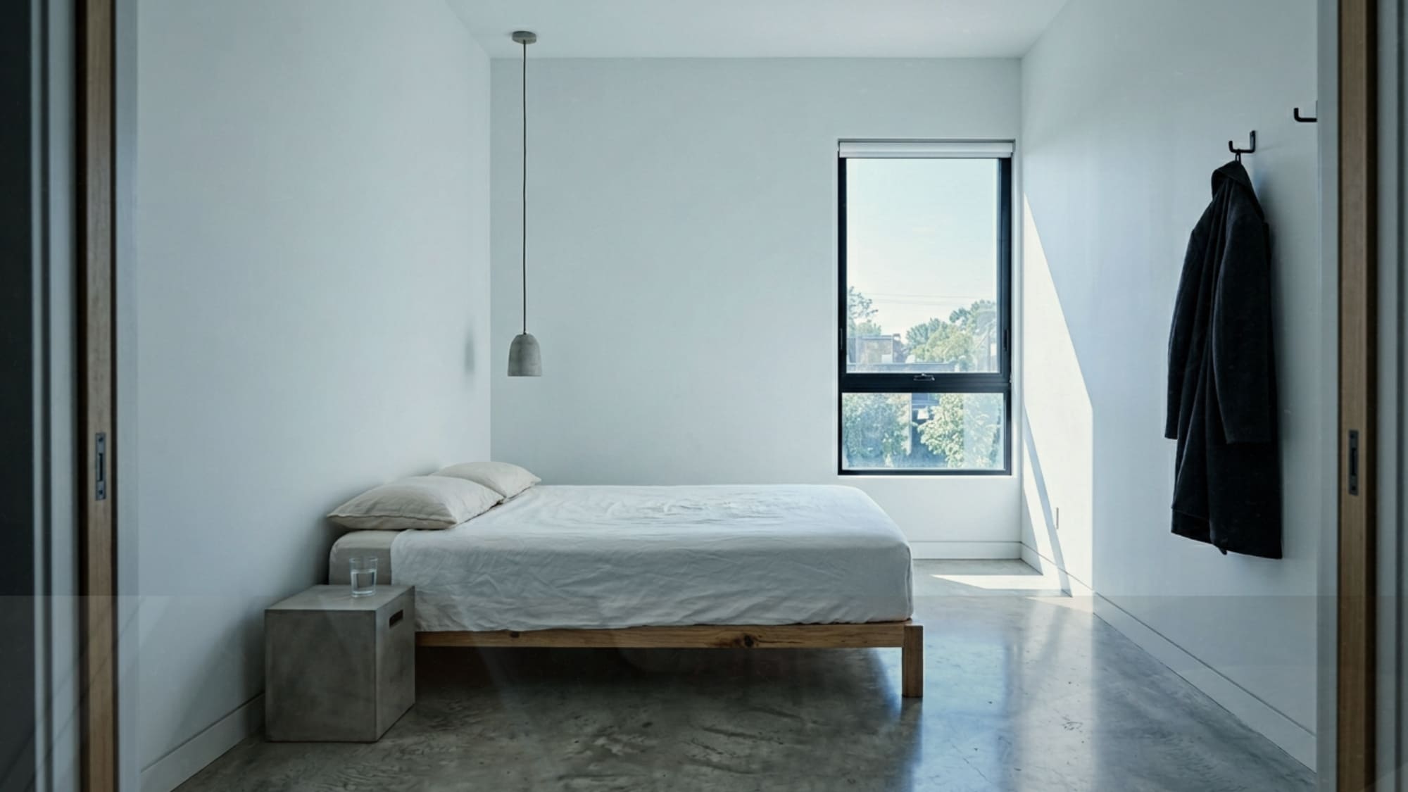 Minimalist bedroom with polished concrete floor, white walls, single linen pillow and sharp morning light casting a clean rectangle across the room