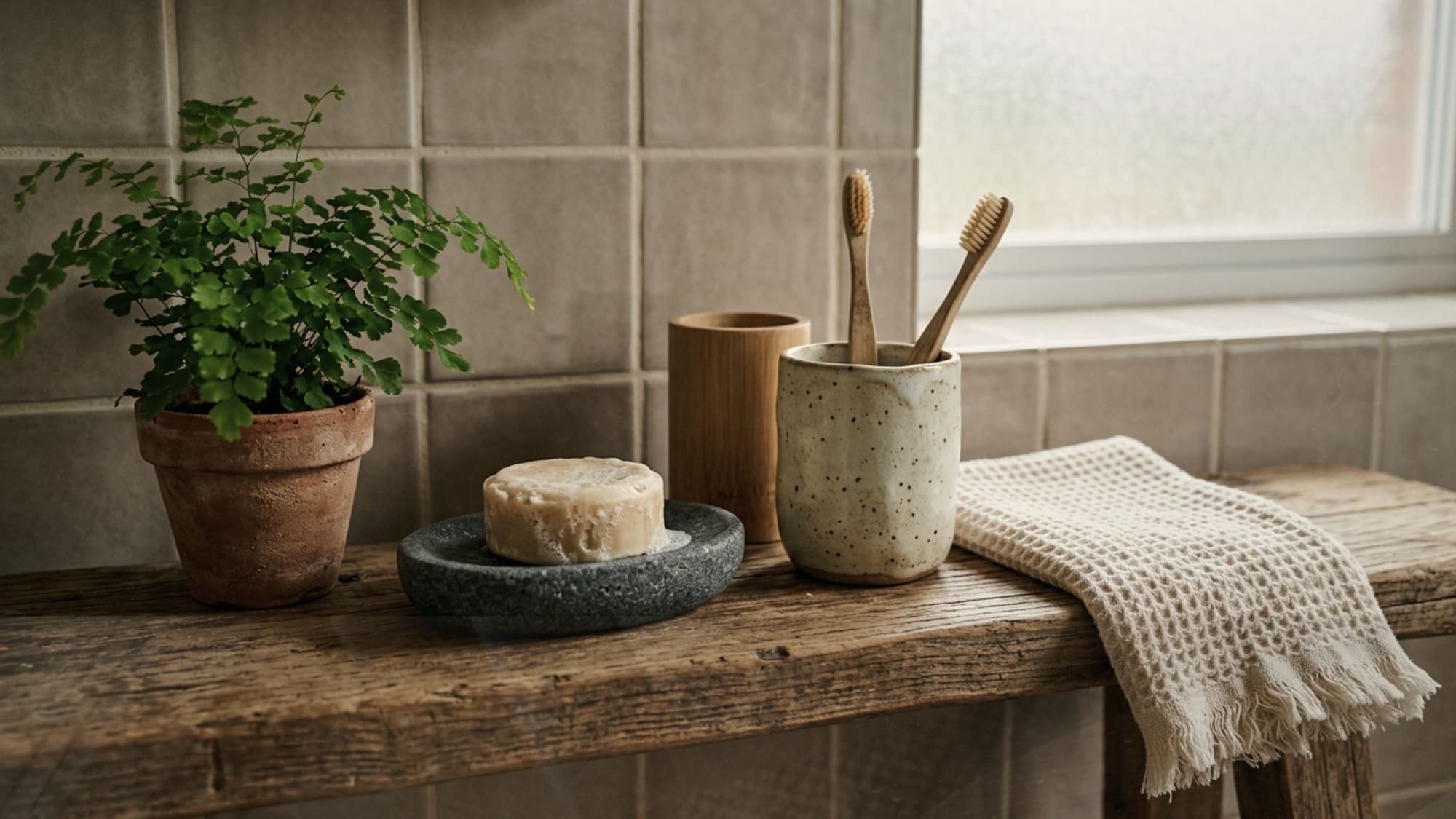 Wabi-sabi bathroom shelf with stone soap dish, bamboo toothbrush holder, handmade ceramic cup, and small fern in terracotta pot