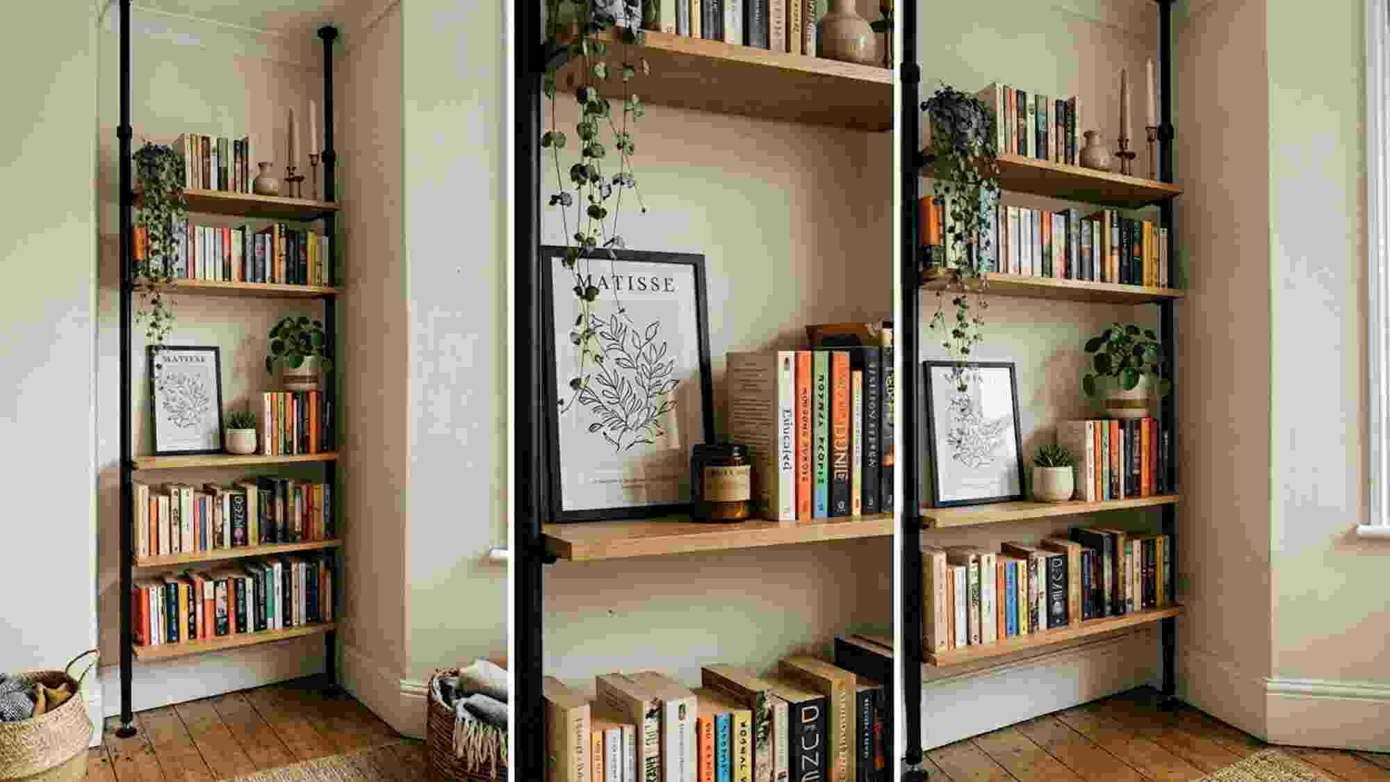 Floor to ceiling tension pole shelf system in a rental apartment corner holding books plants candles and a leaning framed print